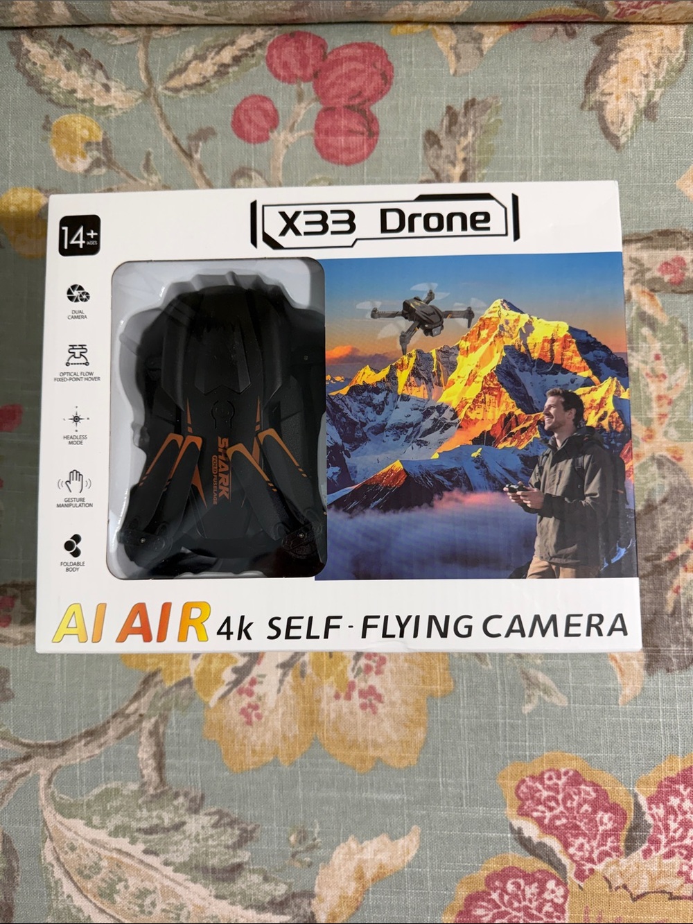X33 Drone AI AIR 4K Self-Flying Camera - Black with Orange Accents New In Box